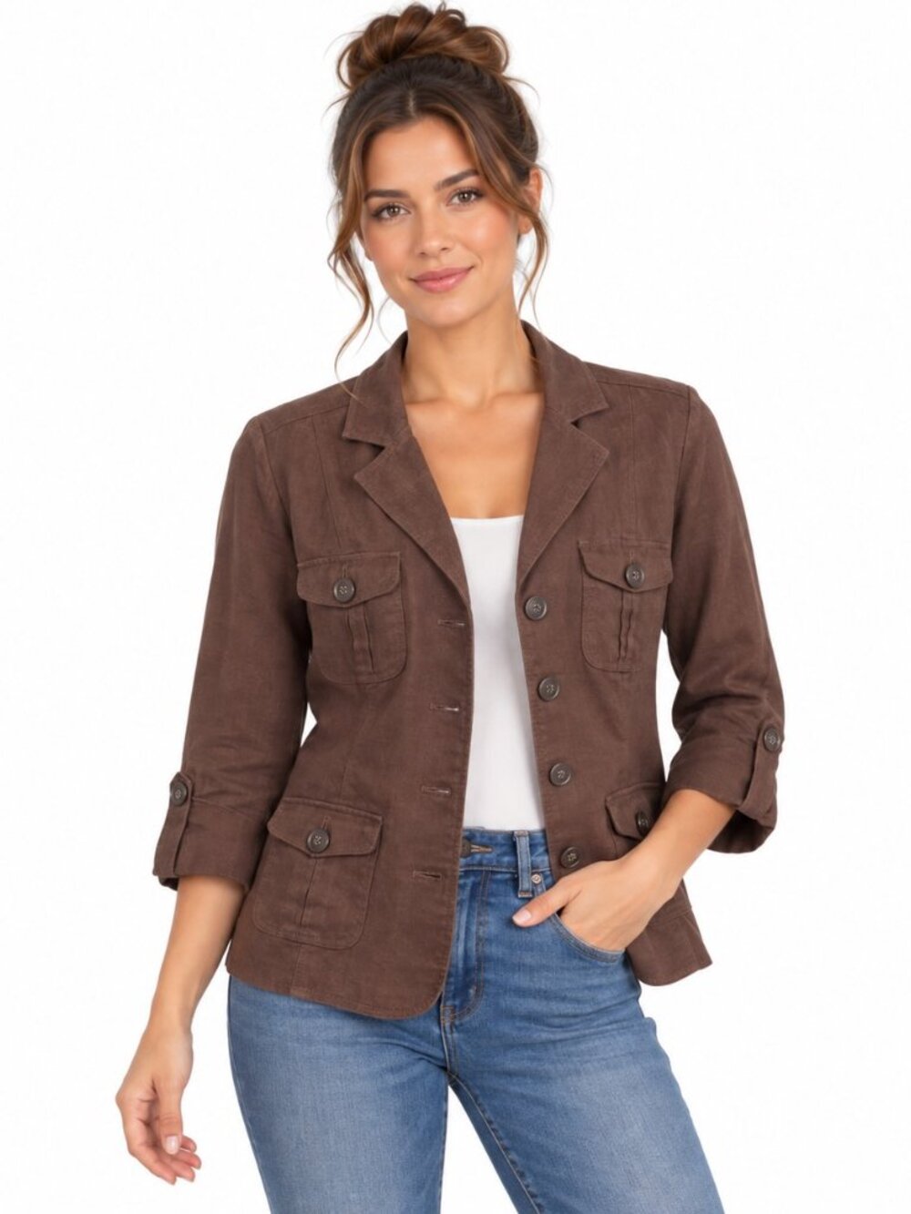 Studio Works Women’s XL 100% Linen Brown Utility Blazer Jacket